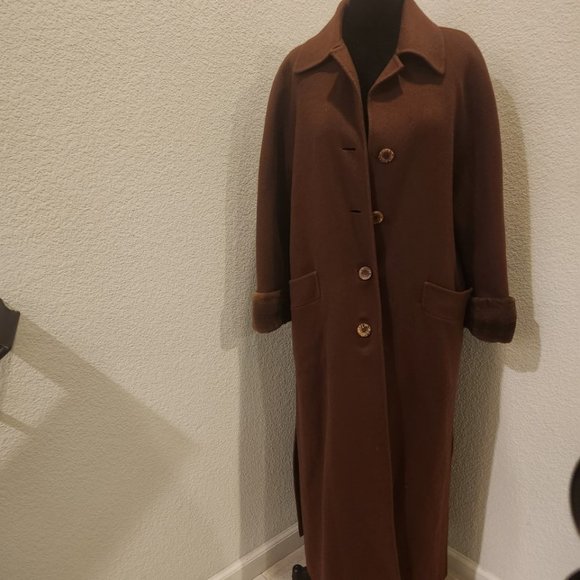 Chocolate brown cashmere coat with fur cuffs